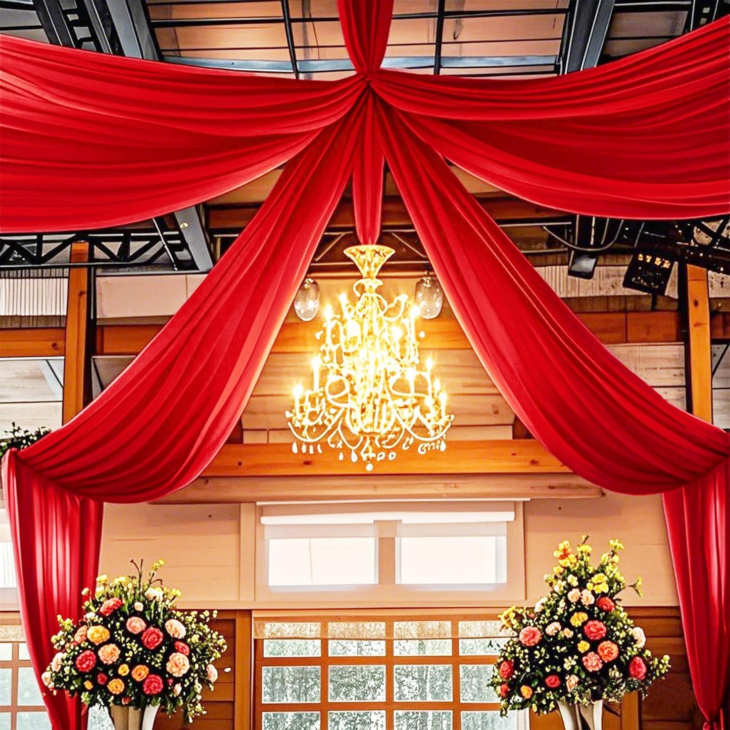 FUHSY Red Ceiling Drapes for Wedding Ceiling Drapes 5FTx20FT 2 Panels Sheer Ceiling Drapes for Parties Wedding Arch Draping Fabric Chiffon Curtain Wedding Drapery Fabric Ceiling Decorations for Party