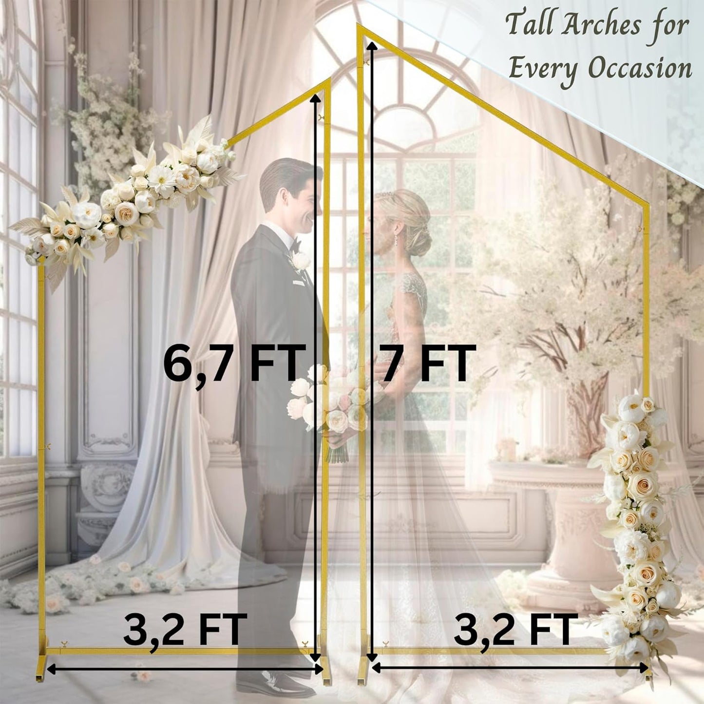 Wedding Arch Backdrop Stand for Parties Set of 2, 7FT/6.7FT Gold Wedding Arches for Ceremony - Reusable Metal Square Balloon Arch Frame for Birthday Party Bridal Baby Shower Graduation Decoration