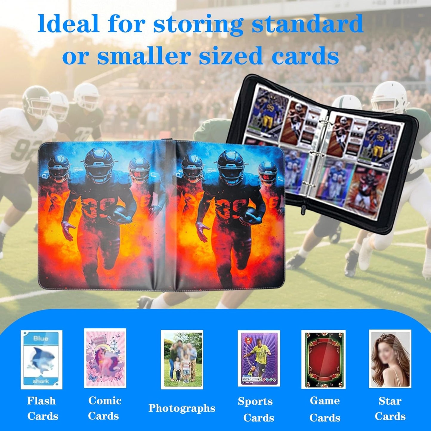 Trading Card Binder 4 Pocket, Pockets Football Card Binder, Premium Double Sided Pocket PU Cover Card Collection Binder for 400 Cards, Card Album for YuGiOh, MTG, TCG, Game Cards & Sports Cards