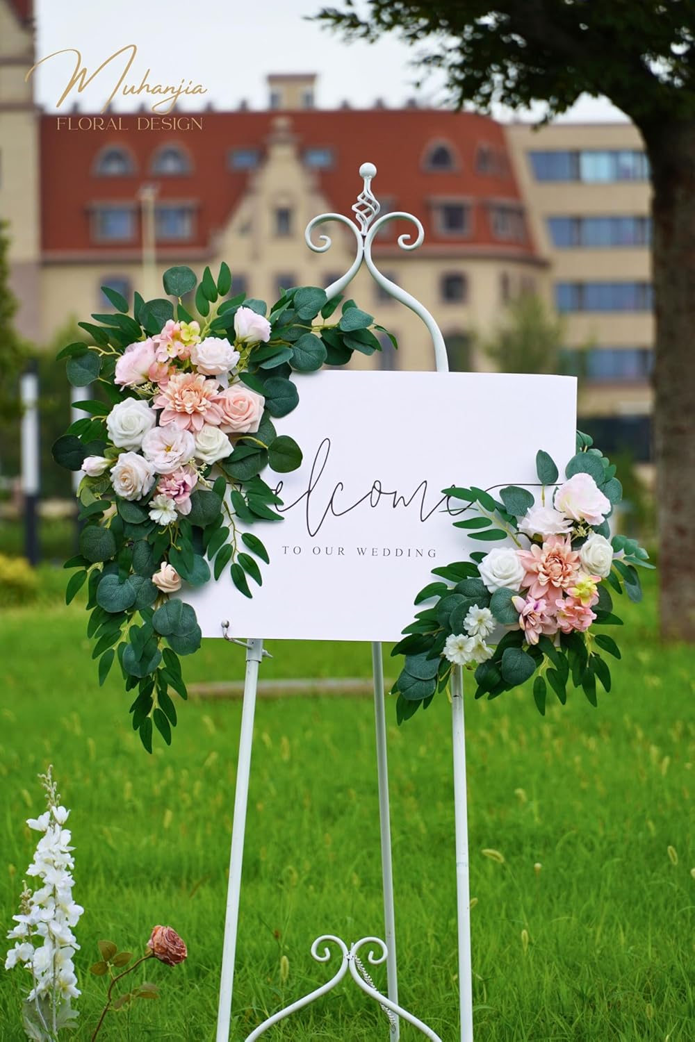 Wedding Sign Faux Flower Swag (Pack of 2) for Ceremony Party Reception Entrance Floral Decor Wall Easel Stand for Wedding Poster Welcome Sign (Pink)