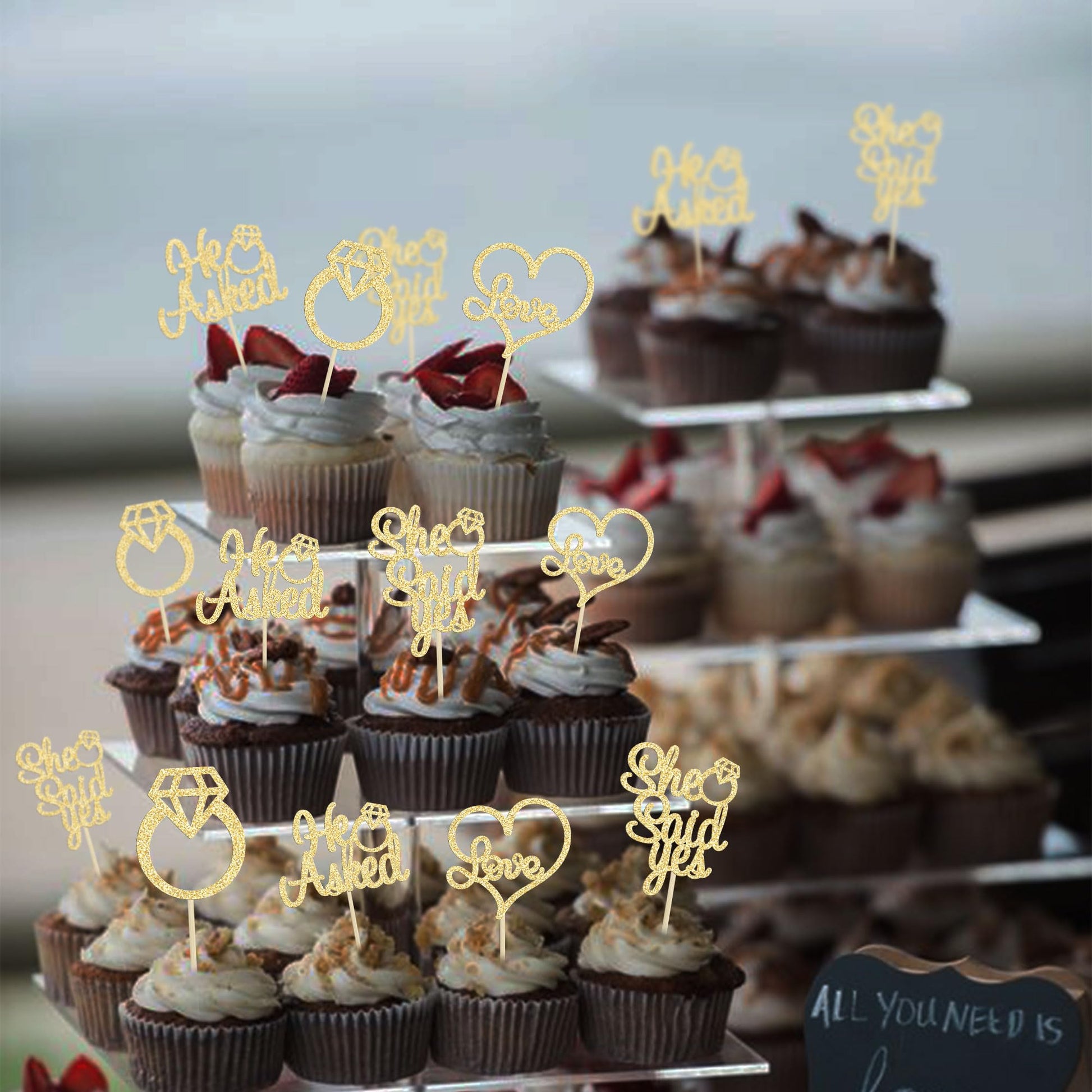 Gyufise He Asked She Said Yes Cupcake Toppers Gold Glitter Diamond Ring Heart Love Cake Picks for