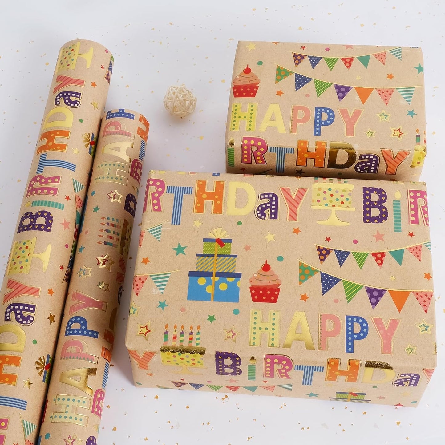 Aimyoo Colorful Birthday Wrapping Paper Roll - 17 Inch X 16.4 Feet - Gold Foil Happy Birthday Lettering, Cupcake & Flags Design Gift Wrap for Kids, Baby Showers