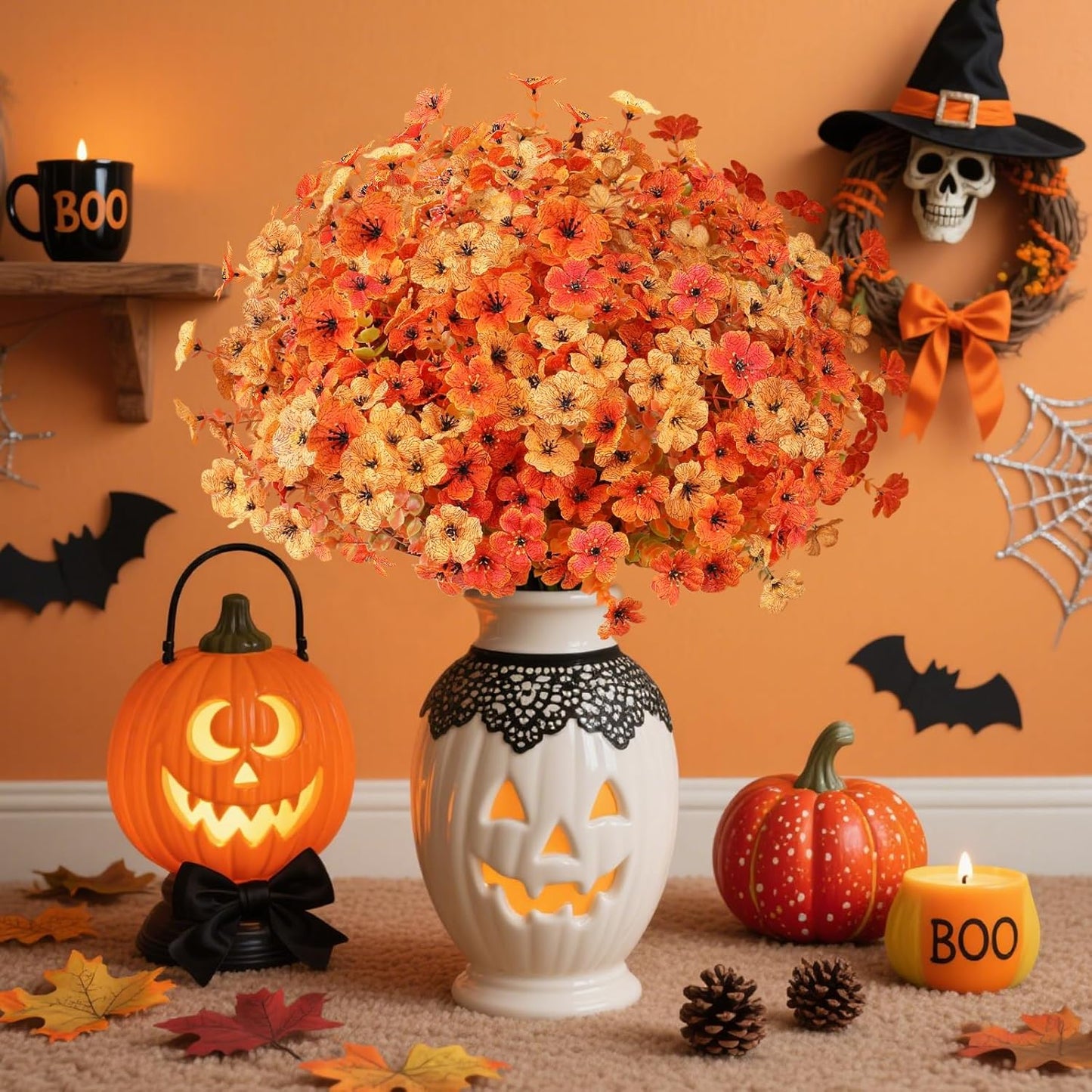 AmyHomie 16 Bundles Fall Orange Yellow Artificial Flowers for Outdoor Fall Decor UV Resistant Faux Flowers No Fade Fake Plastic Plants Garden Porch Window Box Decorating