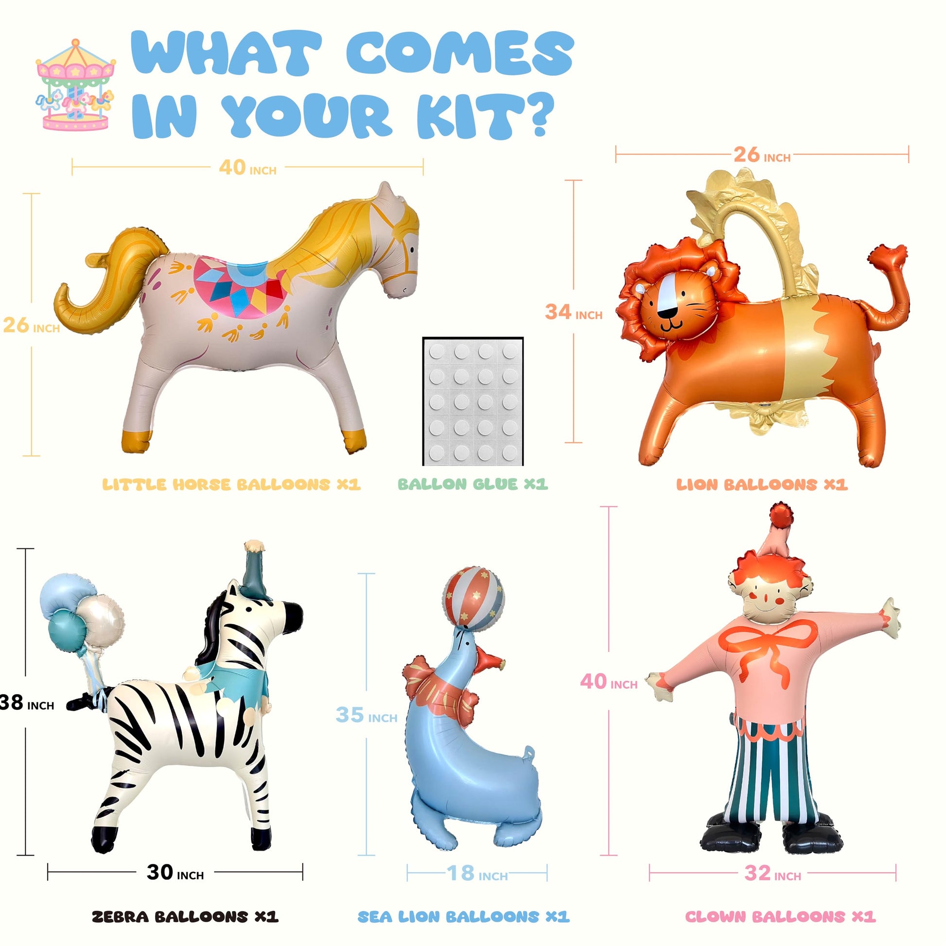 GELOUBO Circus Theme Party Balloons Set, 5PCS Large Standing animal Balloons – Clown, Lion, Sea