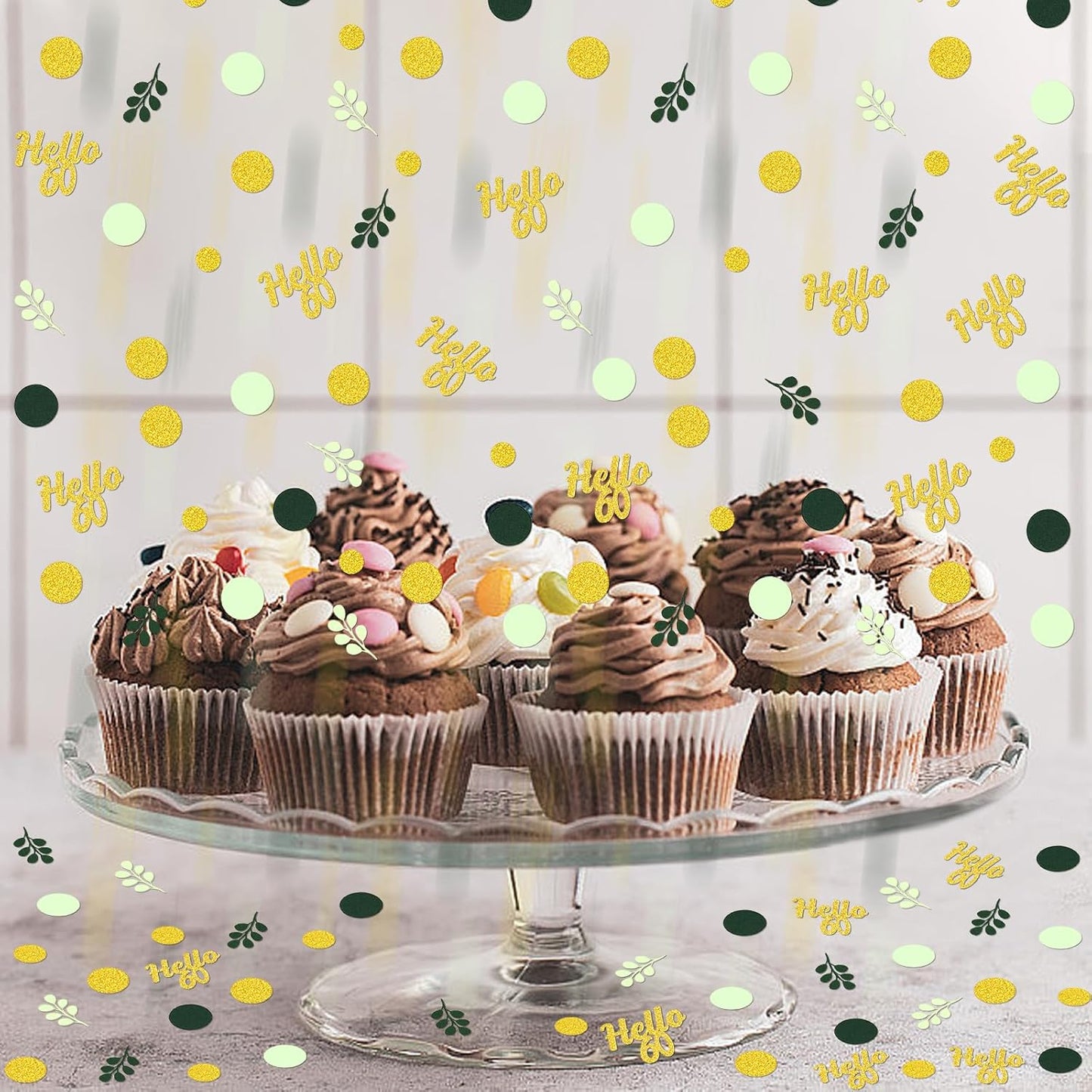 300PC Gold Glitter and Sage Green Happy 60th Birthday Decorations for Men/Woman Greenery 60th Birthday Confetti for Table Sixty Party Decor Supplies