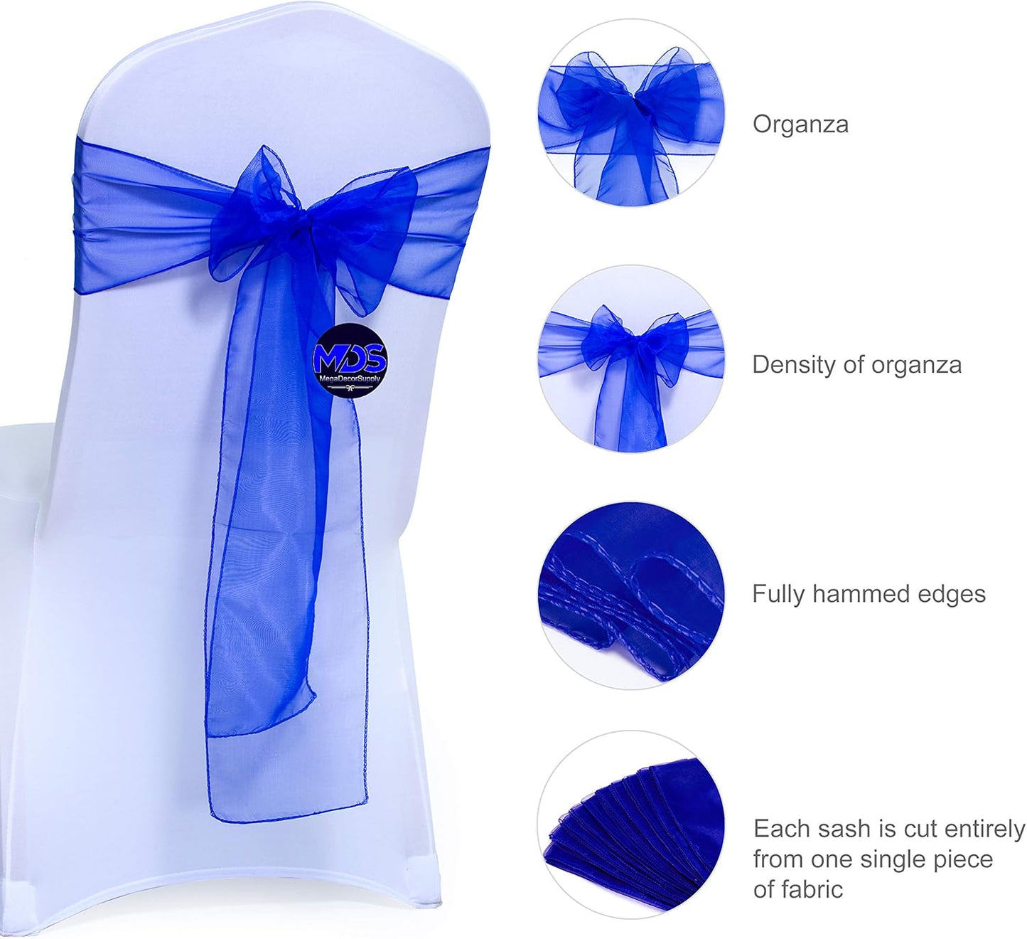 MDS Pack of 200 PCS Organza Chair Sashes Wider Dining Chair Bows Ribbon Tie Back for Wedding Party Birthday Bridal Shower Reception Event Banquet Home Chair Cover Decoration - Royal Blue