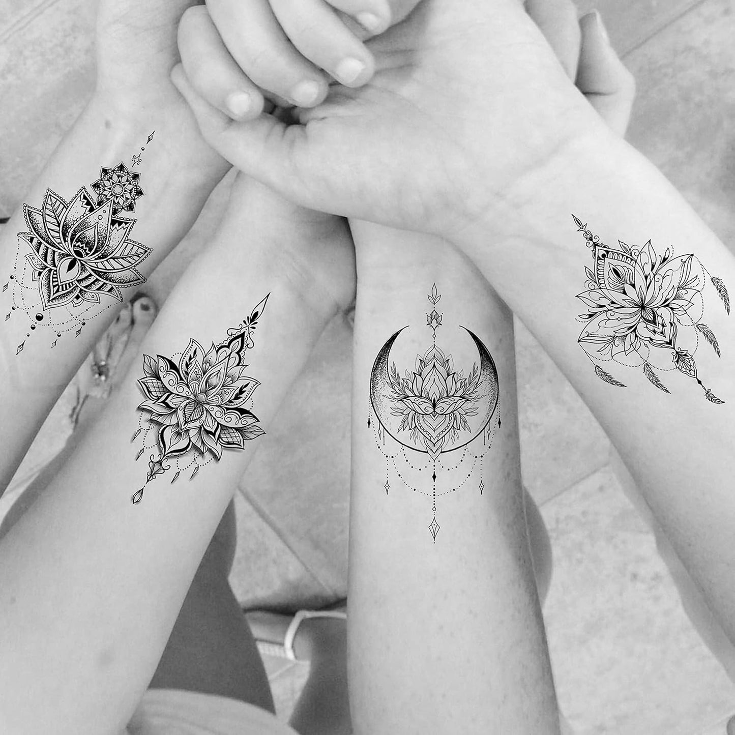 15 Sheets Sexy Black Lotus Temporary Tattoos For Women Wedding Brides, Tribal Fake Jewelry Pendant Lace Moon Moth Flowers Temp Tattoos Temporary Sticker For Girls Arm Neck Hands Tatoos Jewels