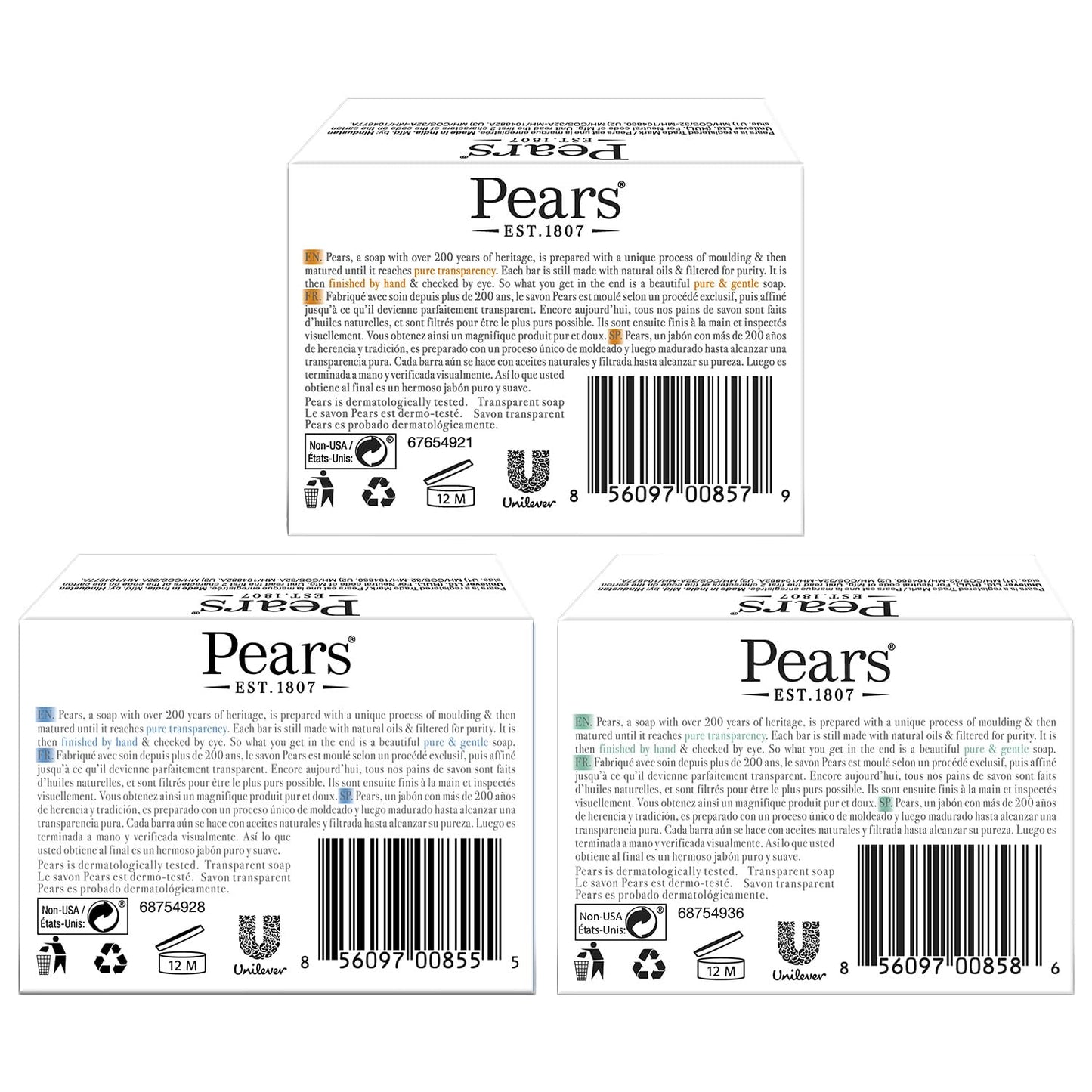 Pears Glycerin Soap Variety 12-Pack – Transparent Amber, Blue & Green Bars for Soft, Glowing Skin, 3.53 Oz Ea