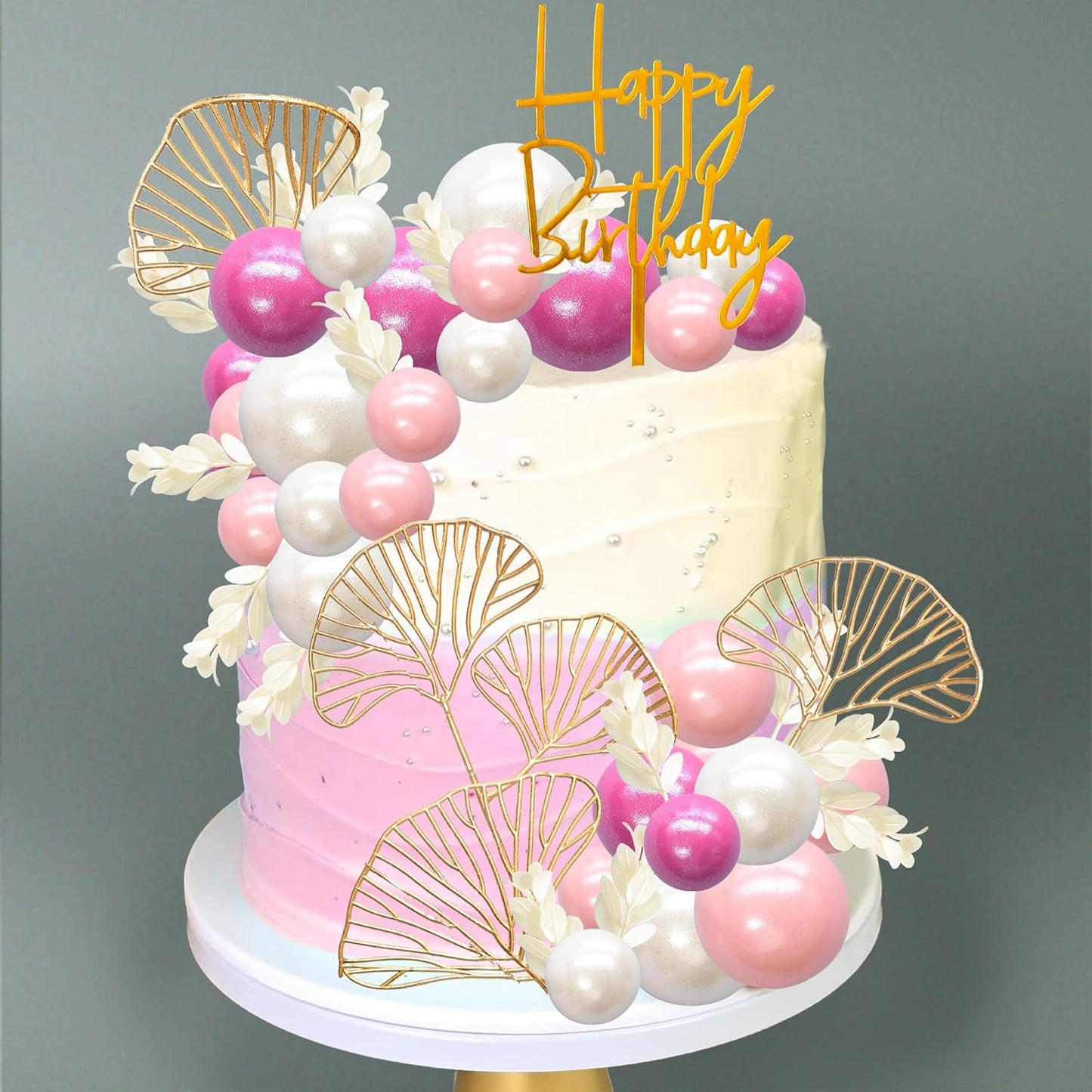 Gyufise 57Pcs Balls Cake Topper Boho Grass Cake topper Pearl Balls Acrylic Happy Birthday Cake Decorations for Wedding Baby Shower Birthday Boho Themed Party Supplies Rose Red