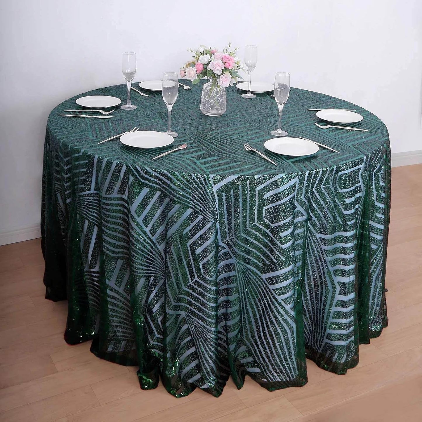 Efavormart 120" Hunter Emerald Green Sparkly Sequin Geometric Tulle Round Tablecloth