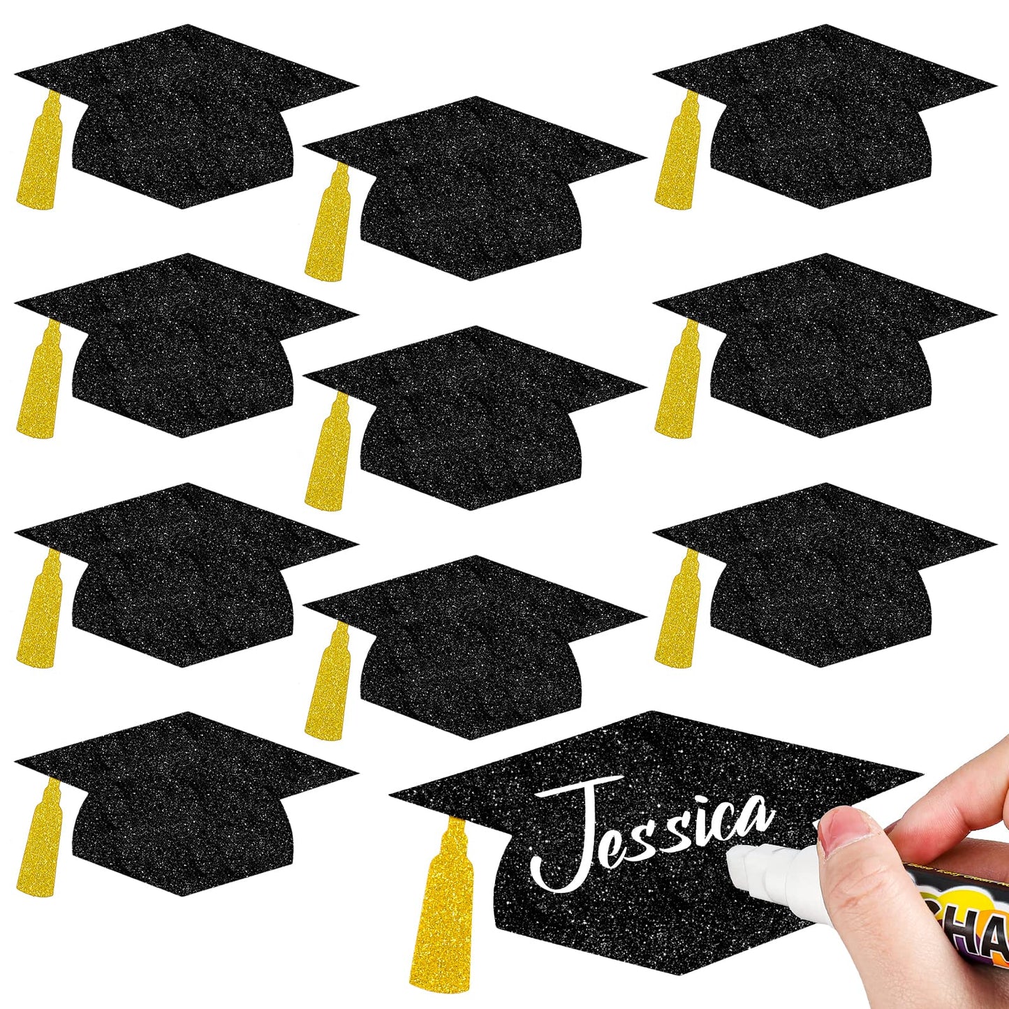 Whaline 50Pcs Grad Caps Cutouts Glitter Black Gold Graduation Hat Cutouts 5.7 Inch Grad Cap