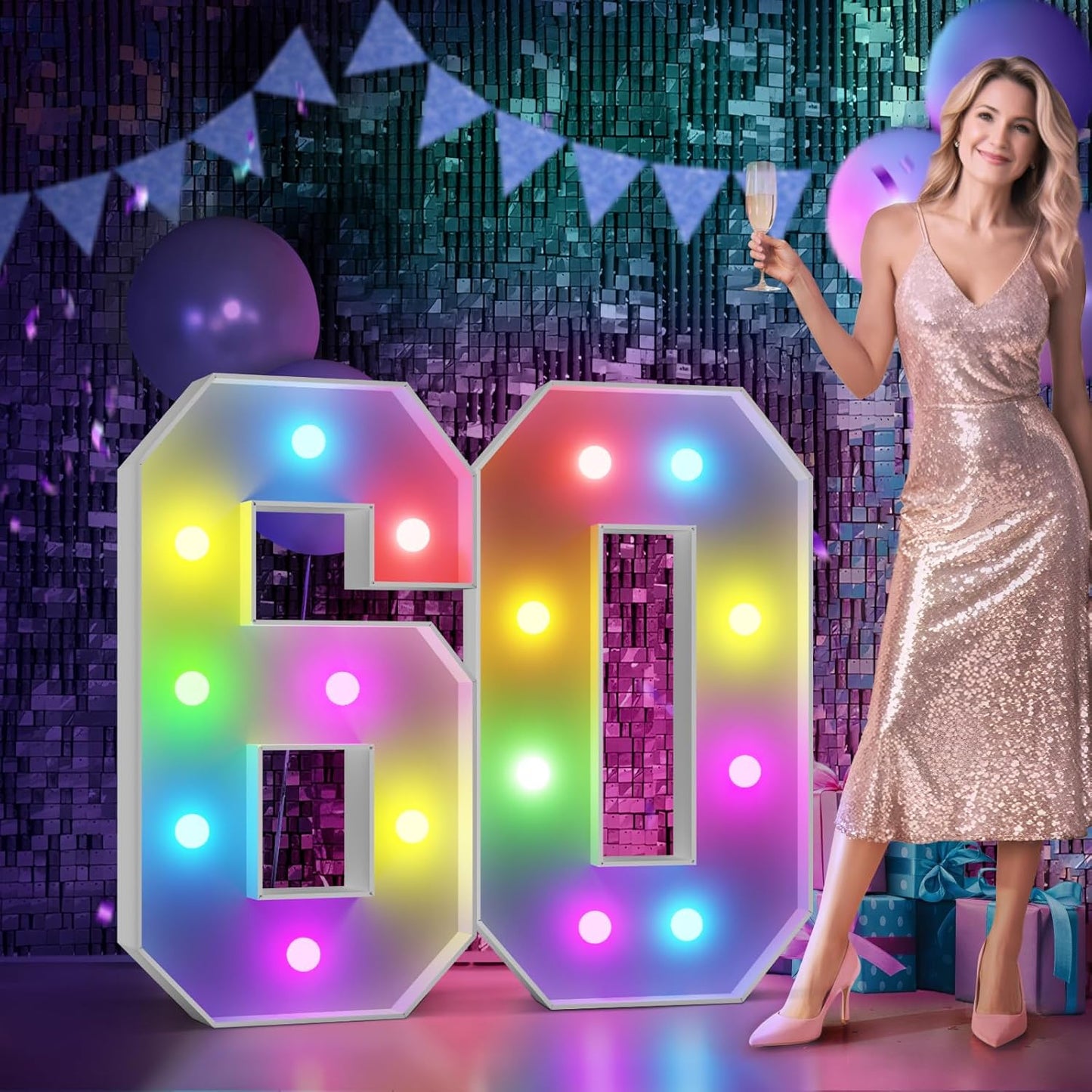Marquee Numbers 60th-Birthday Decoration: Colorful 3FT Large Light Up 60 Year Old Birthday Decorations Anniversary Backdrop for Boys Girls Cardboard Sign 18 Colors Number 60 Mosaic Balloon Frame