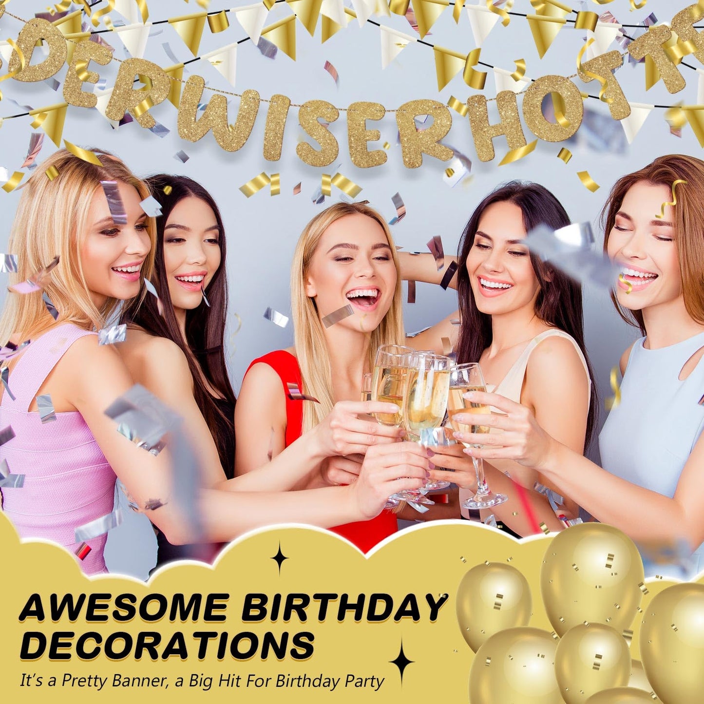 Fulmoon Set of 3 Pre Strung Older Wiser Hotter Glitter Banner Funny Birthday Banner for Women 30th