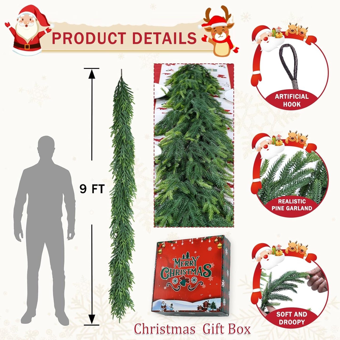 9 Ft Christmas Cedar Garland for Staircase Railing Real Touch Soft Bendable Faux Winter Xmas Greenery Pine Garlands Mantle Garland for Decoration for Table Fireplace Door Railing Wall Home Decor