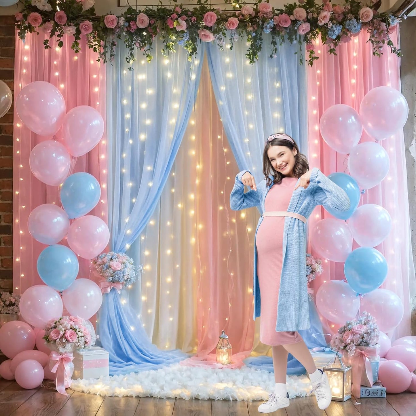 Pink and Blue Backdrop Curtains with Lights String for Baby Shower Sheer Tulle Backdrop Curtain for Gender Reveal Birthday Party Bridal Shower Photo Shoot Background Decorations 2 Panels 5×10ft