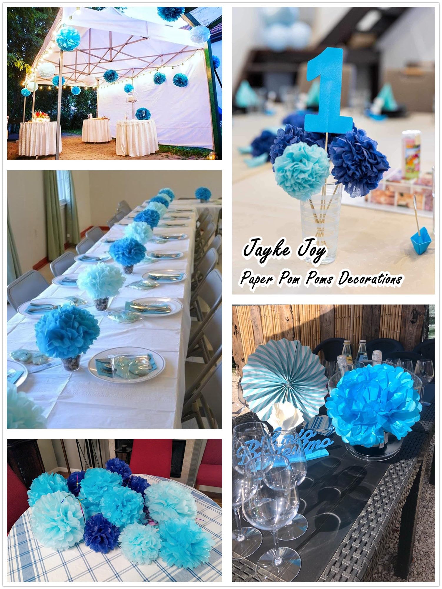 12pcs Blue Paper Pom Poms Set for Party Decor (Mixed Size 8/10/12 Inch)