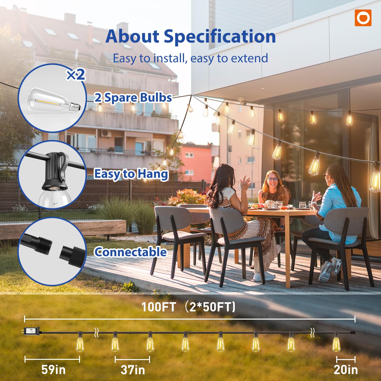 addlon 100FT Outdoor String Lights ST38 LED with Remote Waterproof Dimmable