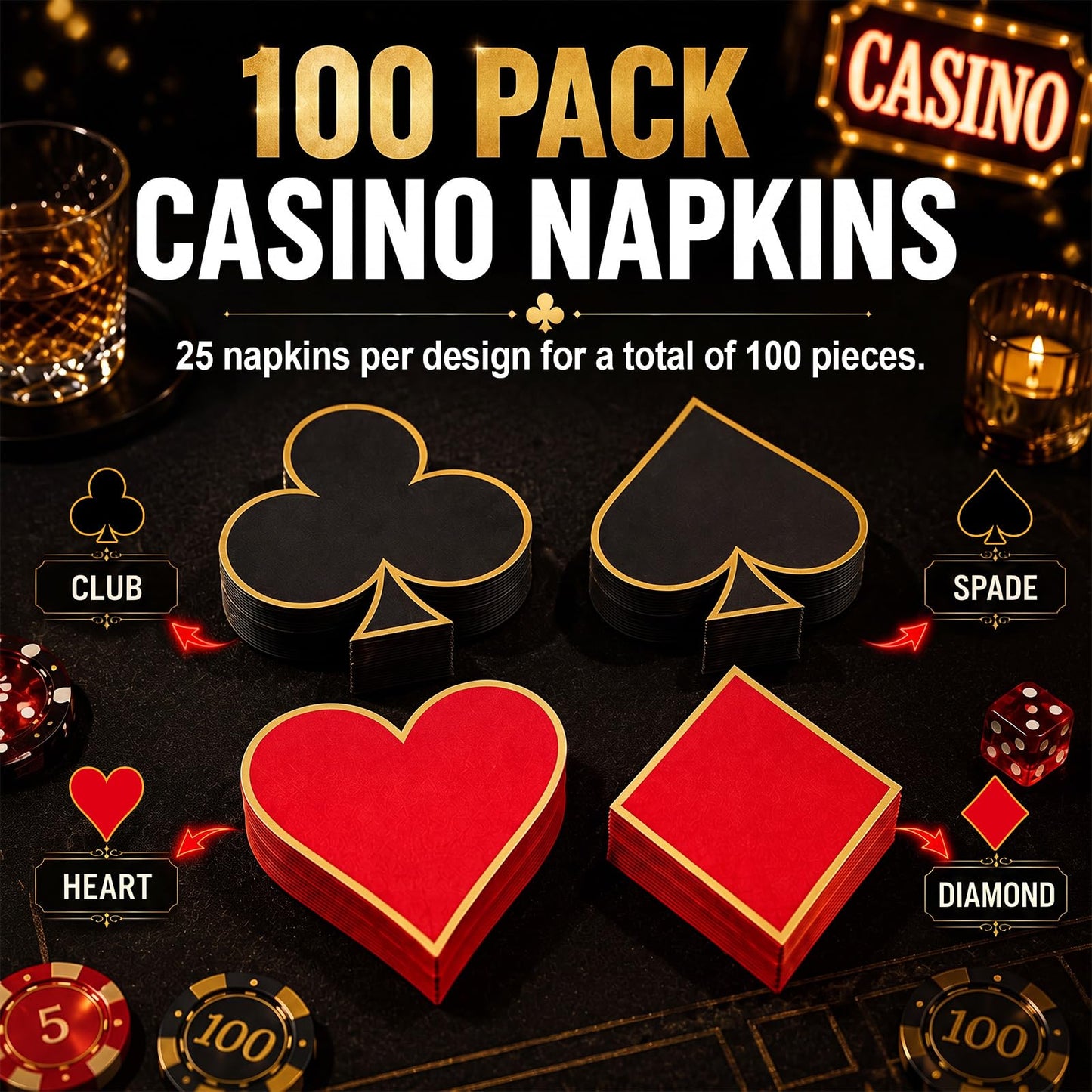 Honoson Casino Napkins 100 Pack, Poker Party Supplies 4 Designs Disposable Paper Napkins for Las