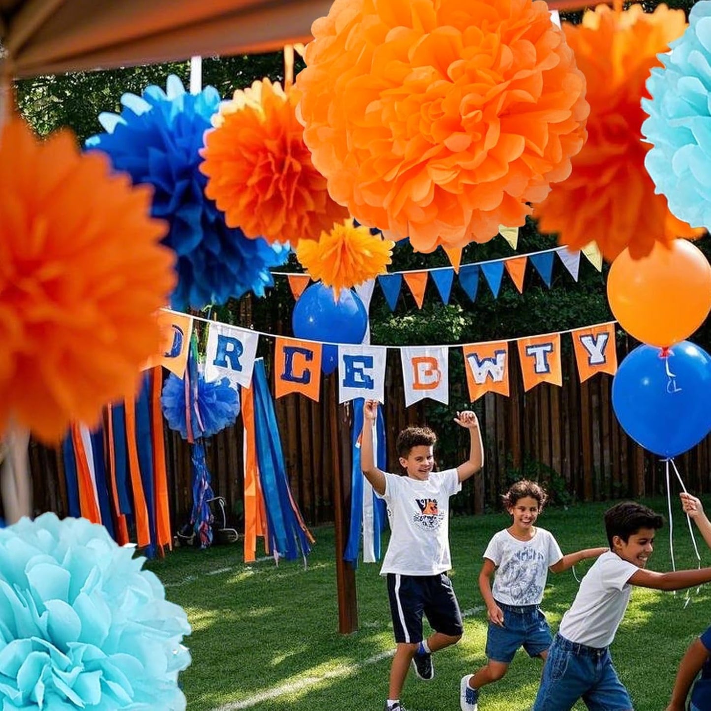 Capesaro Blue and Orange 12PCS Paper Pom Poms Party Decorations for Girl Birthday College Graduation Decoration, Hanging Decor Tissue Paper Flowers