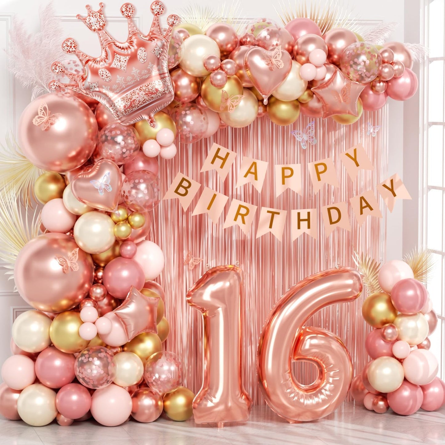 123pcs Sweet 16 Party Decorations with Rose Gold Pearl and White Balloons