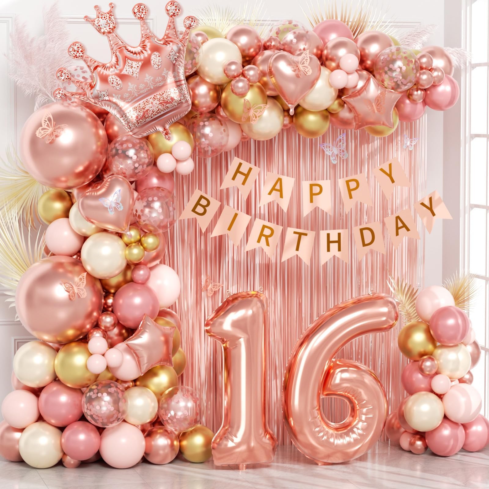 123pcs Sweet 16 Party Decorations with Rose Gold Pearl and White Balloons