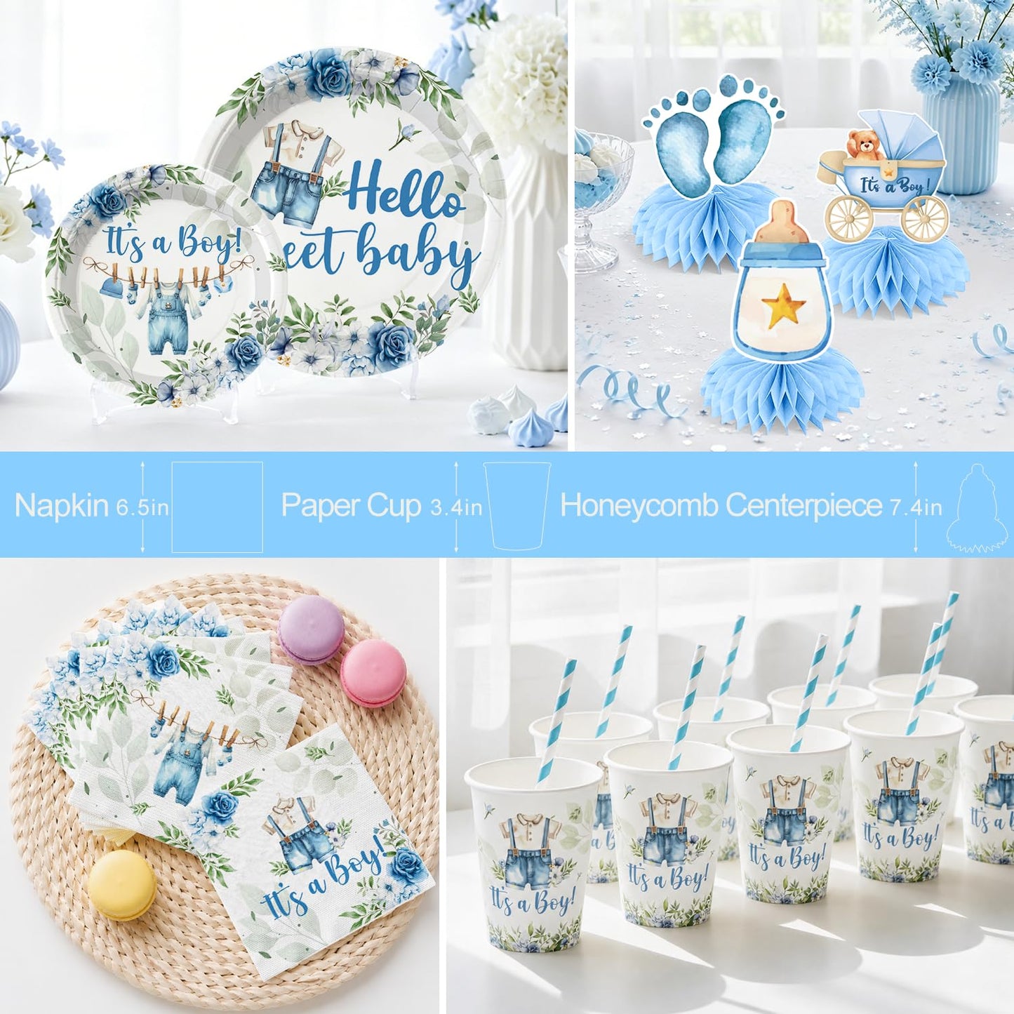 213Pcs Cocomigo Blue Baby Boy Shower Decorations Tableware Set, Serves 25