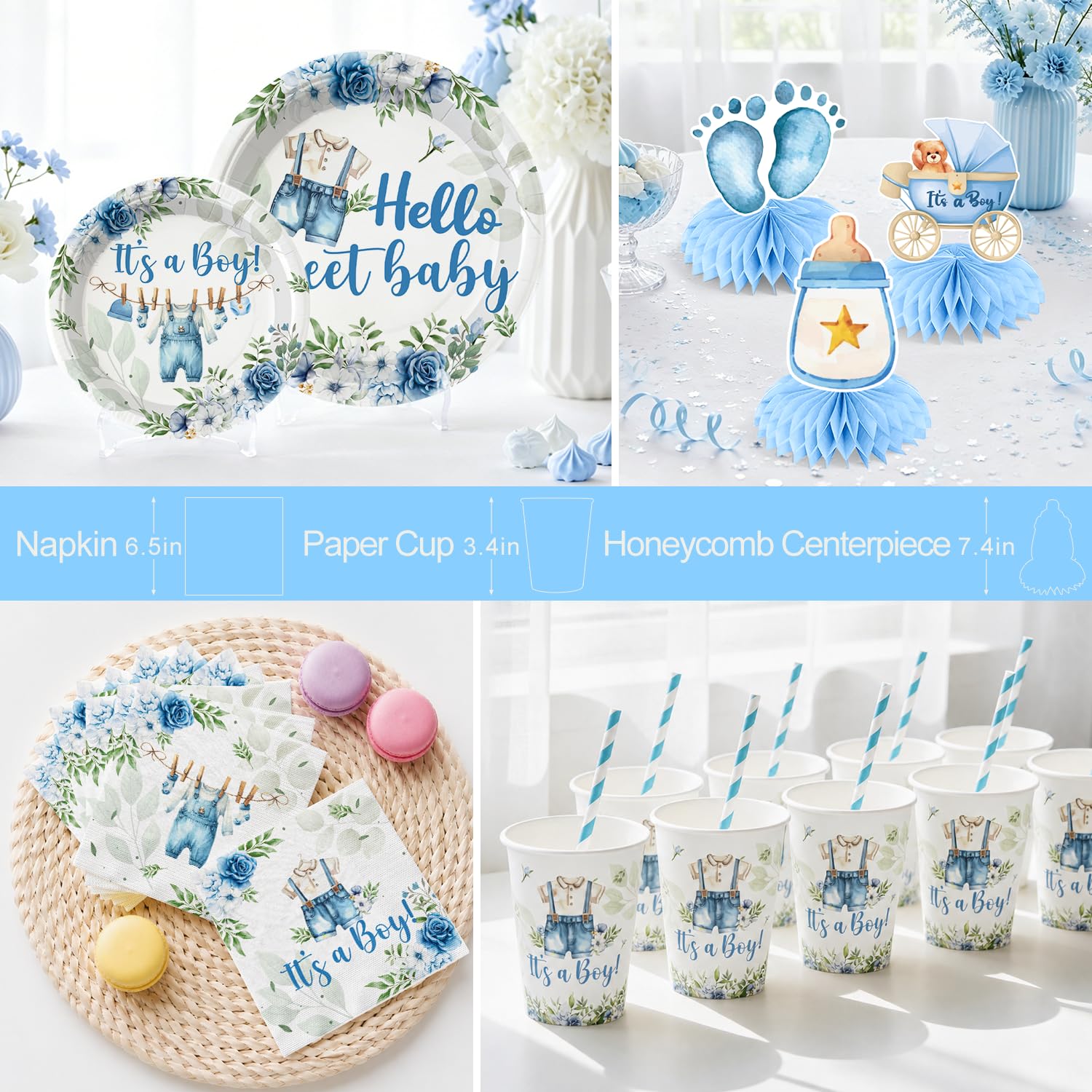 213Pcs Cocomigo Blue Baby Boy Shower Decorations Tableware Set, Serves 25