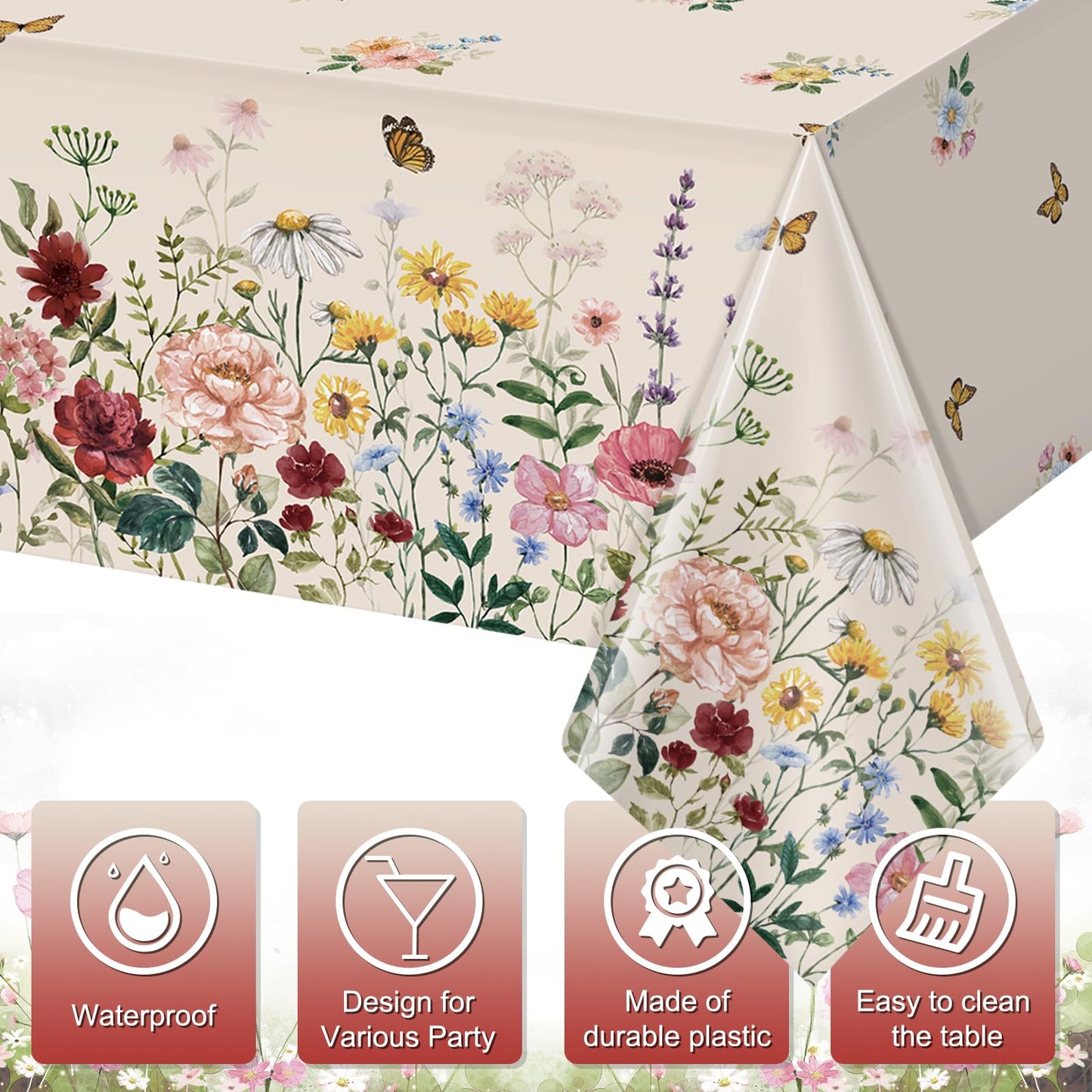 3 Pcs Spring Floral Tablecloth, Butterfly Wildflower Plastic Disposable Tablecloth Rectangle Table