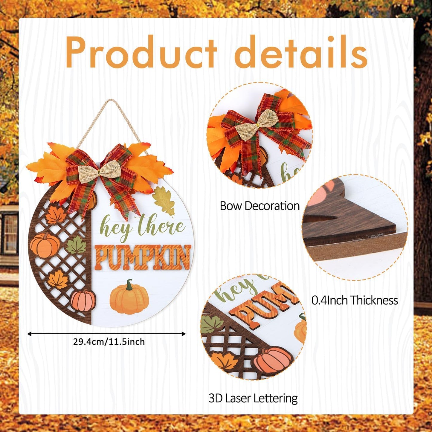 CHDITB Hey There Pumpkin Front Door Sign Wreath(12"x12"), Wooden 3D Hello Fall Autumn Decoration Wall Hanging, Rustic Welcome Home Decor Hanger for Porch Outdoor Thanksgiving