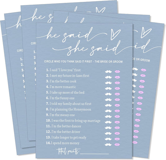 Fun Bridal Shower Games – He Said She Said Game with Fun Bride and Groom Trivia, Wedding Shower Activity Game and Favors for 25 Guests, Minimalist Blue Wedding Party Supplies - B09