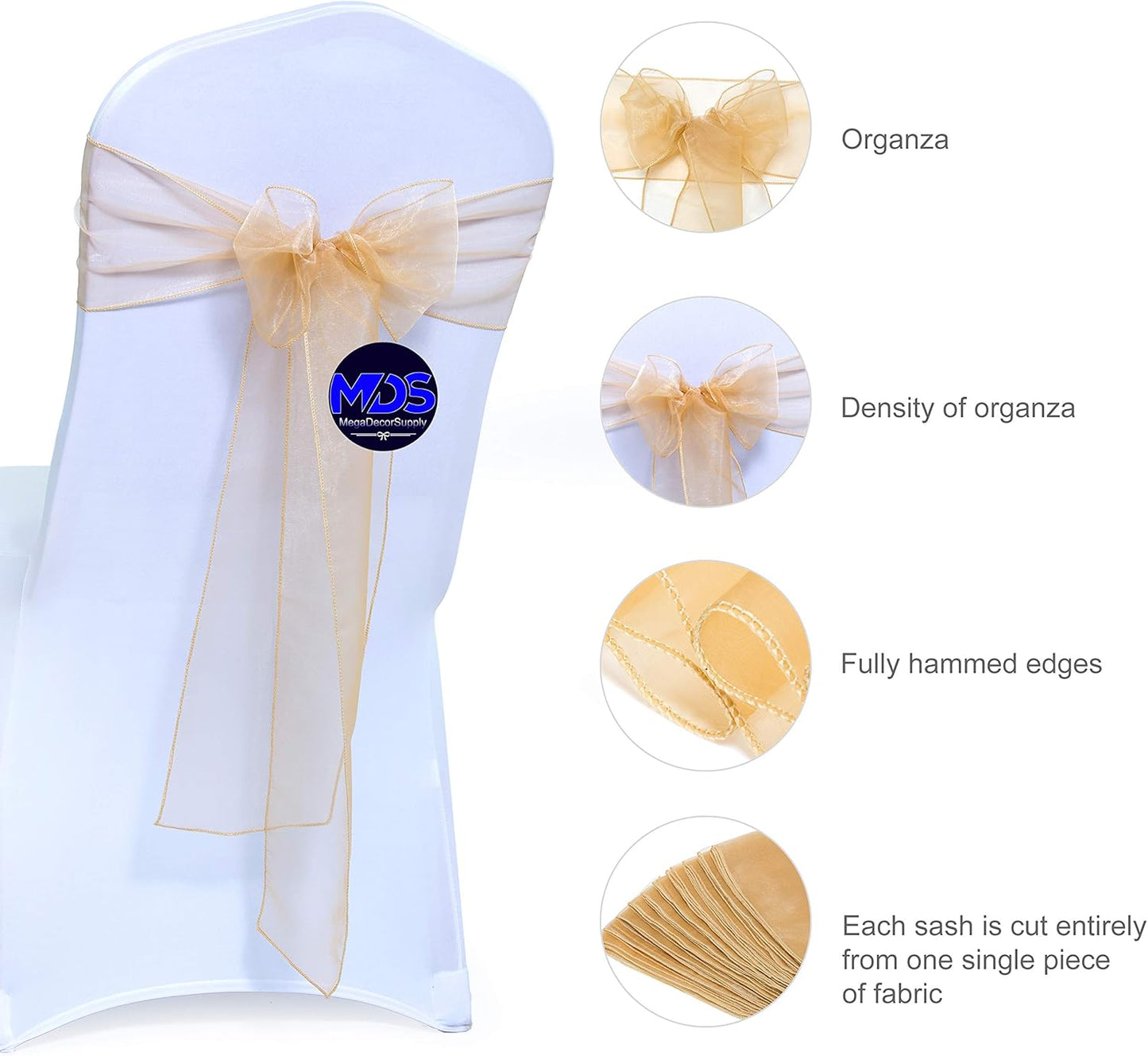 MDS Pack of 125 PCS Organza Chair Sashes Wider Dining Chair Bows Ribbon Tie Back for Wedding Party Birthday Bridal Shower Reception Event Banquet Home Chair Cover Decoration - Champagne Gold