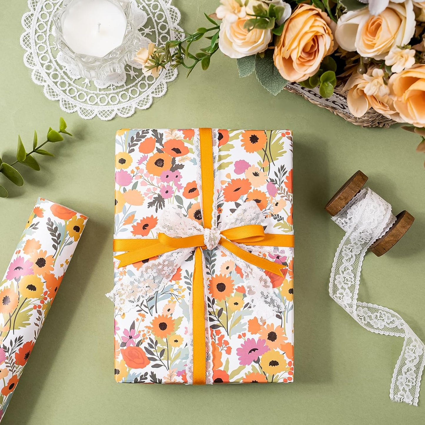 WRAPAHOLIC Kraft Floral Wrapping Paper Roll - Mini Roll - 17 Inch x 9.8 Feet - Bright Summer Flower Wrapping Paper, Perfect for Wedding, Birthday, Bridal Shower, Tea Party