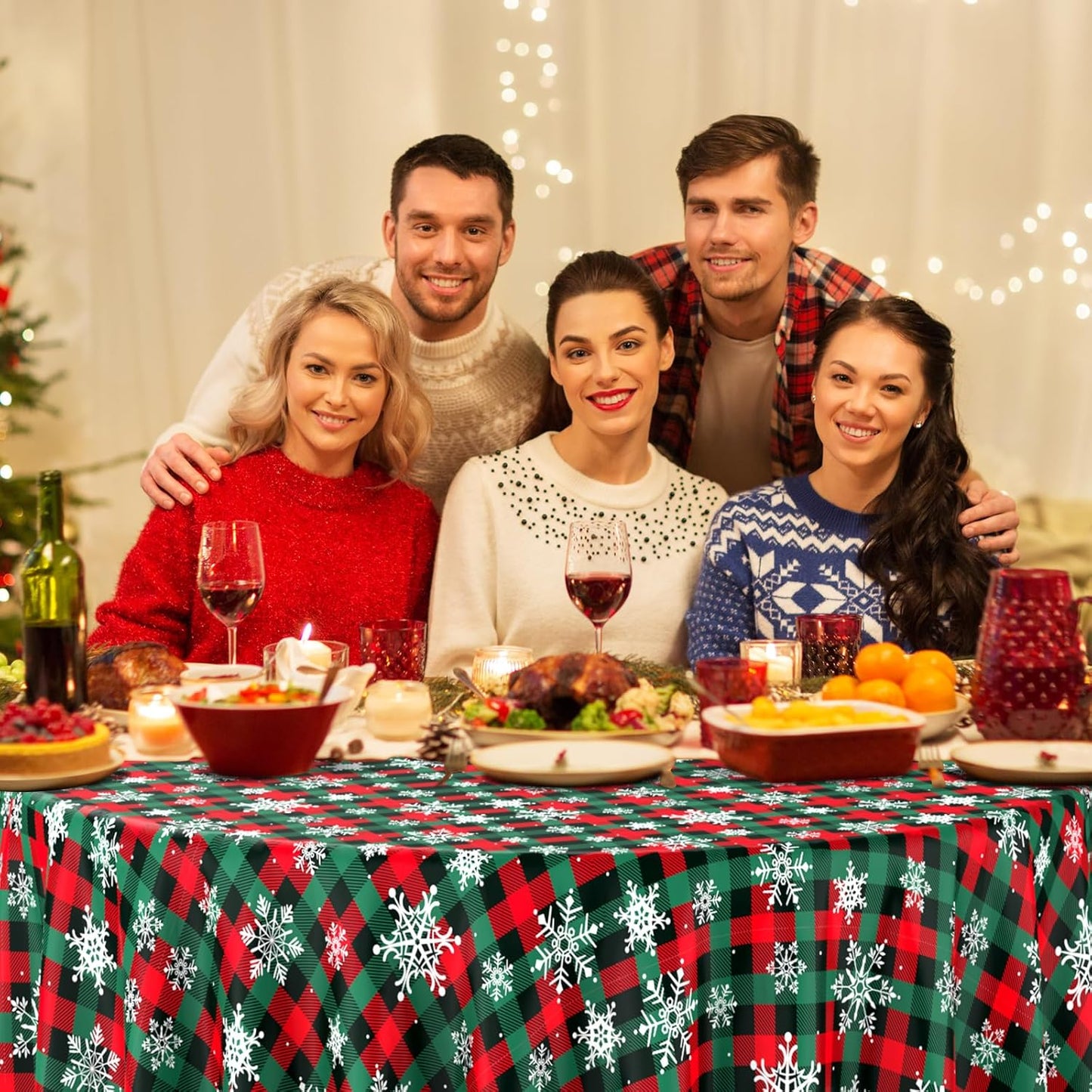 Jectivs 6Pcs Christmas Buffalo Plaid Snowflake Party Tablecloths Decorations,Plastic Red and Green Checkered Round Table Cover for Winter Christmas New Year Birthday Holiday Party Decorations,84 inch