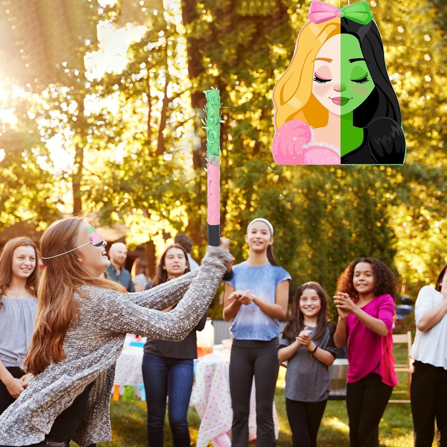 Kasyat Witch Princess Piñata Party Game Set Halloween Witch Piñata with Bat Stick Blindfold Pink Green and Black Party Decor for Halloween Birthday Baby Shower Game Supplies Decor (Movie)