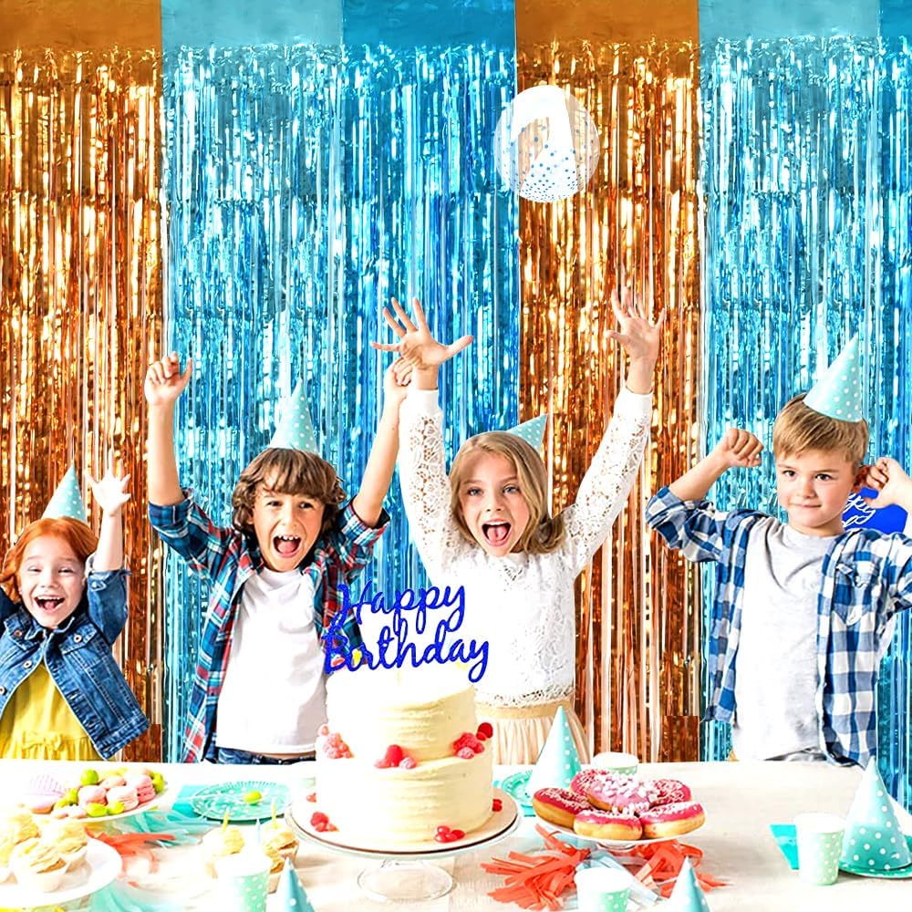 TONIFUL Orange Blue Door Streamers,Blue and Orange Photo Booth Backdrop Metallic Streamers Foil Fringe Curtain for Birthday,New Year,Graduation,Grad,Bachelorette Party Streamers Decoration