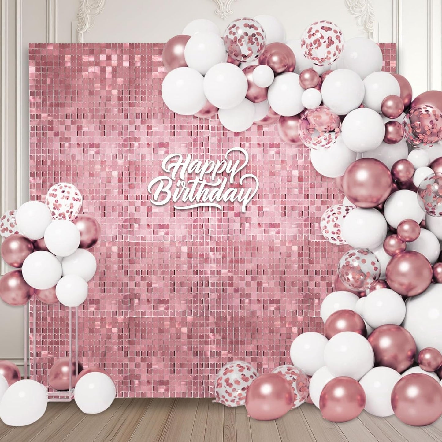 24PCS Pink Shimmer Wall Backdrop, Square Sequin Photo Backdrops Panel, Glitter Wall Background for Birthdays, Weddings, Graduation, Engagements, Disco Bachelorette Party Decoration (4FTx6FT)