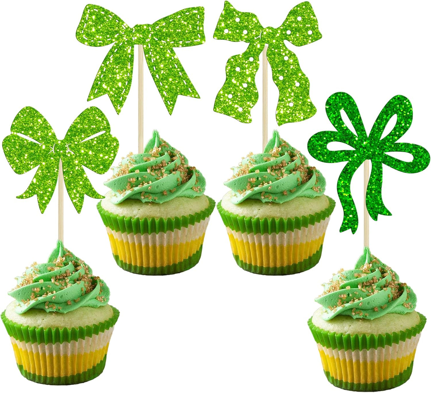 Ephlyn 24Pcs Bow Cupcake Toppers Bow Birthday Cake Topper Girls Birthday Party Decorations Bowknot Cupcake Decorations for Bridal Baby Shower Birthday Wedding Themed Party Green