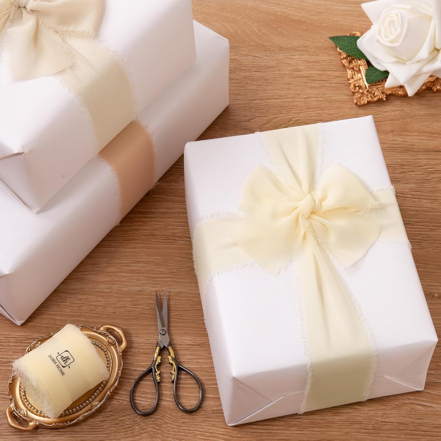 DORIS HOME 2" x21Yd Chiffon Ribbon for Flower Bouquet, Sand & Nude Fabric Ribbon for Gift Wrapping, Handmade Frayed Ribbon for Wedding/Christmas Decorations