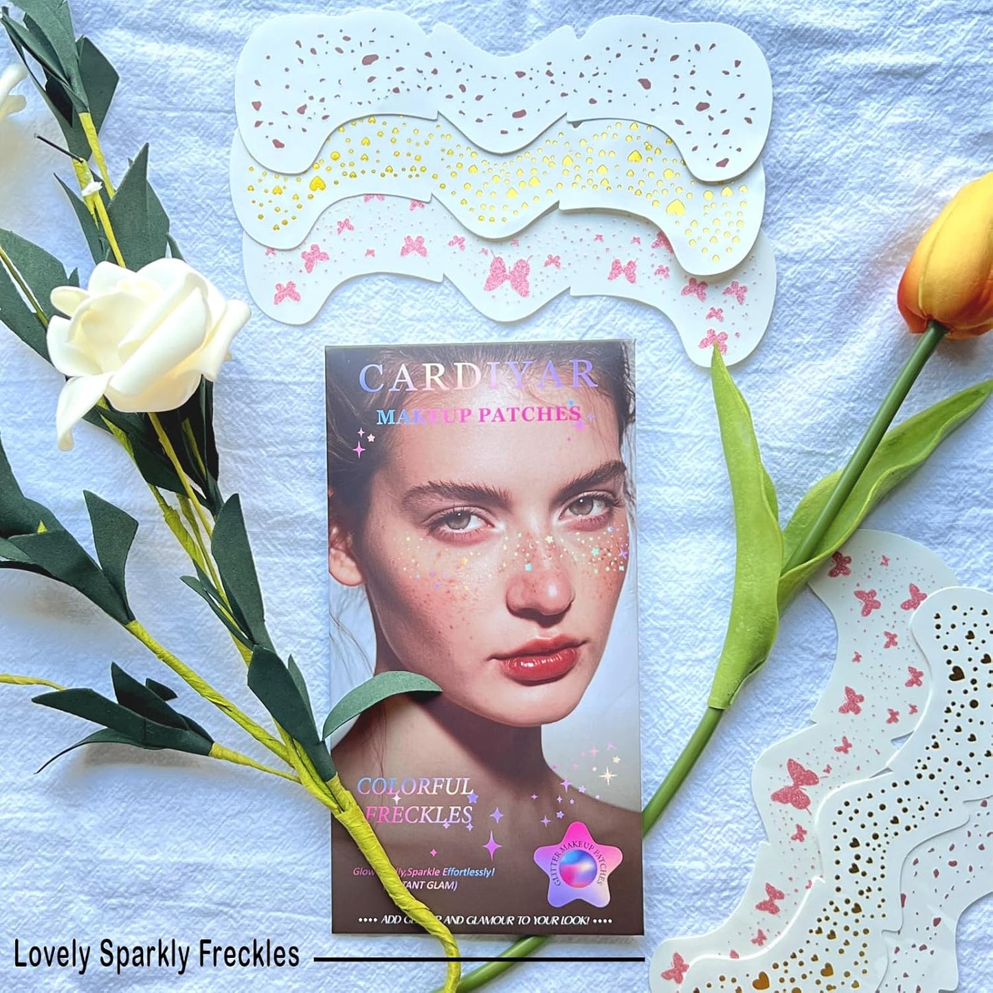 Glitter Freckles, 24PCS Glitter Freckles Face Tattoo, Sparkle Freckles for Women, Waterproof Gold Temporary Face Tattoos Glitter Glow Up Patches Makeup Patches (Multicolored 10pcs)