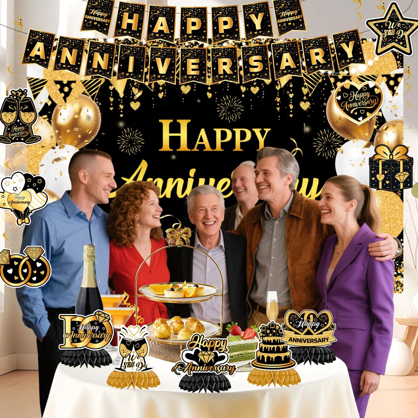 Happy Anniversary Decorations - Black Gold Wedding Party Decorations Kit, Happy Anniversary Banner