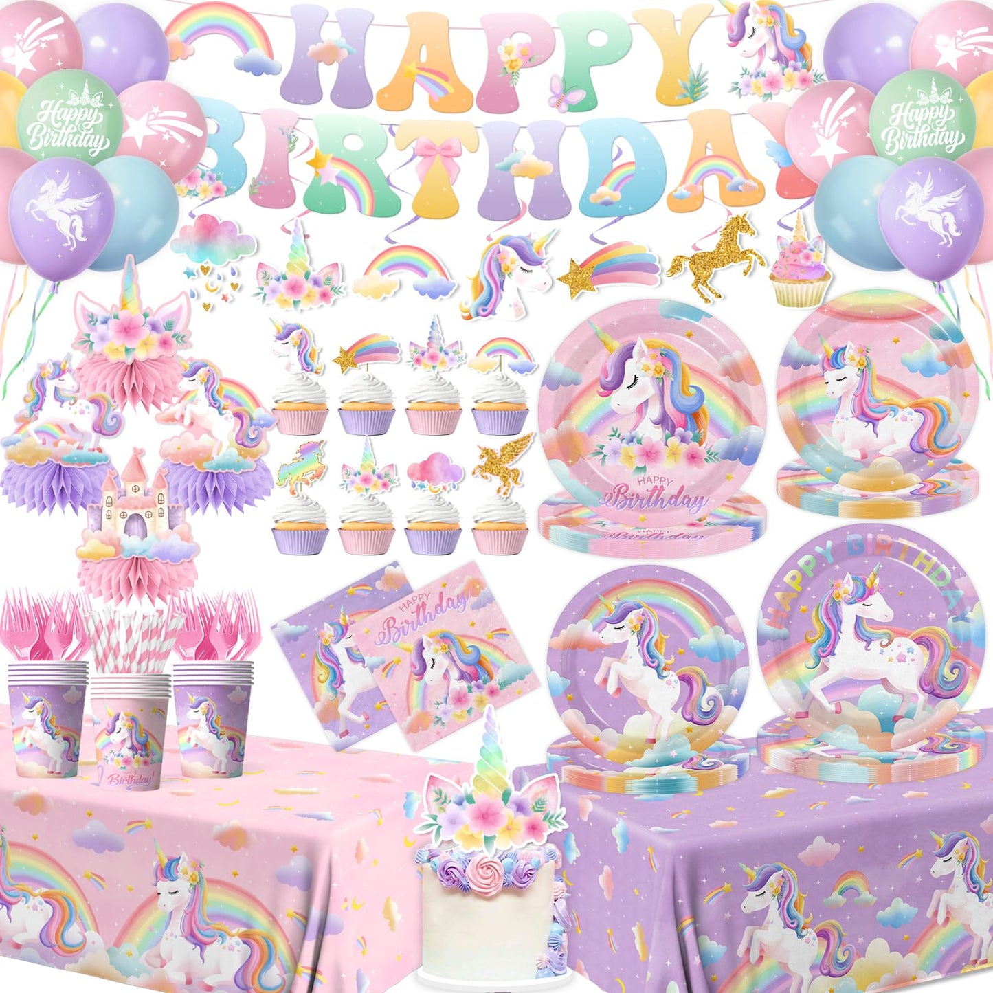 Unicorn Birthday Decorations,189pcs Unicorn Party Decorations Tableware Unicorns Plates and Napkins