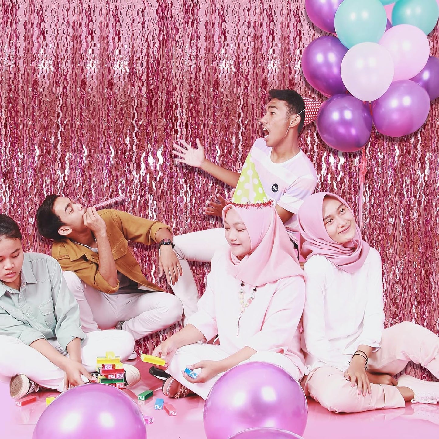 Pink Foil Curtain & Fringe Backdrop - Party & Bachelorette Decorations for Women - Valentine's Day & Birthday Celebrations