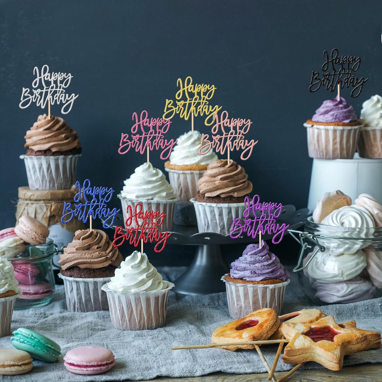 24 PCS Happy Birthday Cupcake Toppers Glitter Picks for Celebrating Party Decorations Anniversary Theme Cake Supplies Multi