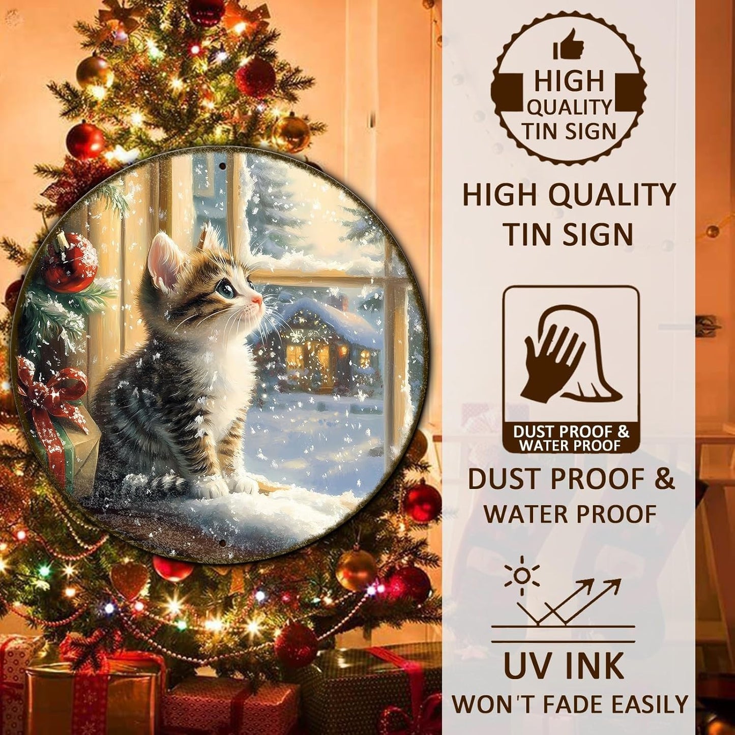 Round Christmas Sign Cats Vintage Metal Sign Christmas Kitten Retro Tin Sign Wall Decor for Home Office Bar Club Man Cave 12 * 12 in