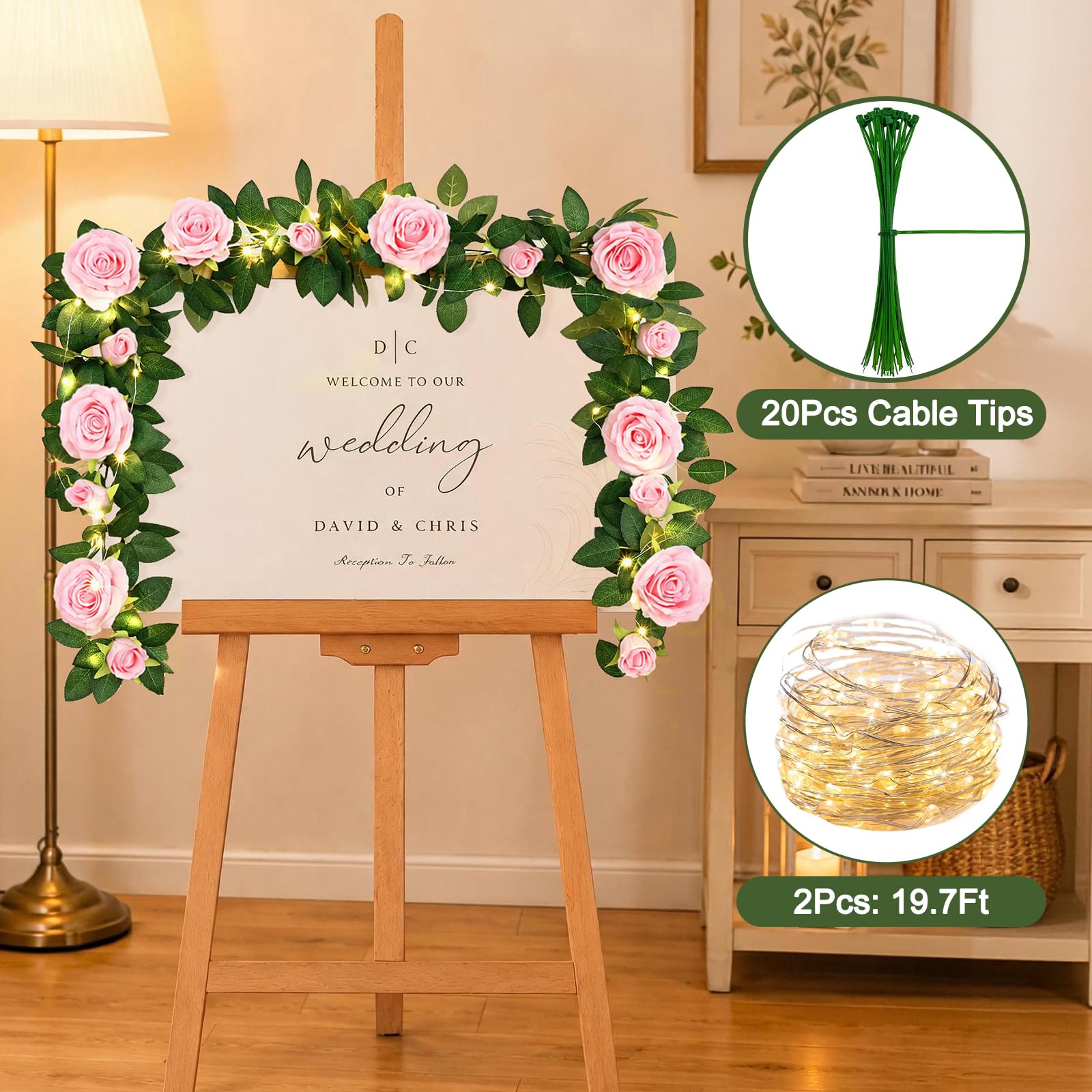 Flower Garland Fake Flowers, Rose Floral Garland, Pink with Lights, 2 Pcs