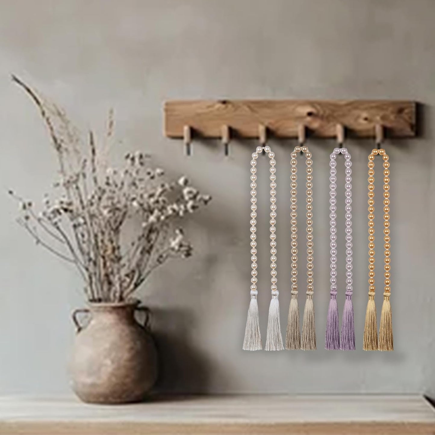 Fenghuangwu 34 Inch Pearl Glass Bead Garland with Tassels - Elegant Boho Table Decor, Fringe Wall Hanging for Wedding, Party, Farmhouse Rustic Prayer Bead Home Decoration(2 Pack,Gold)