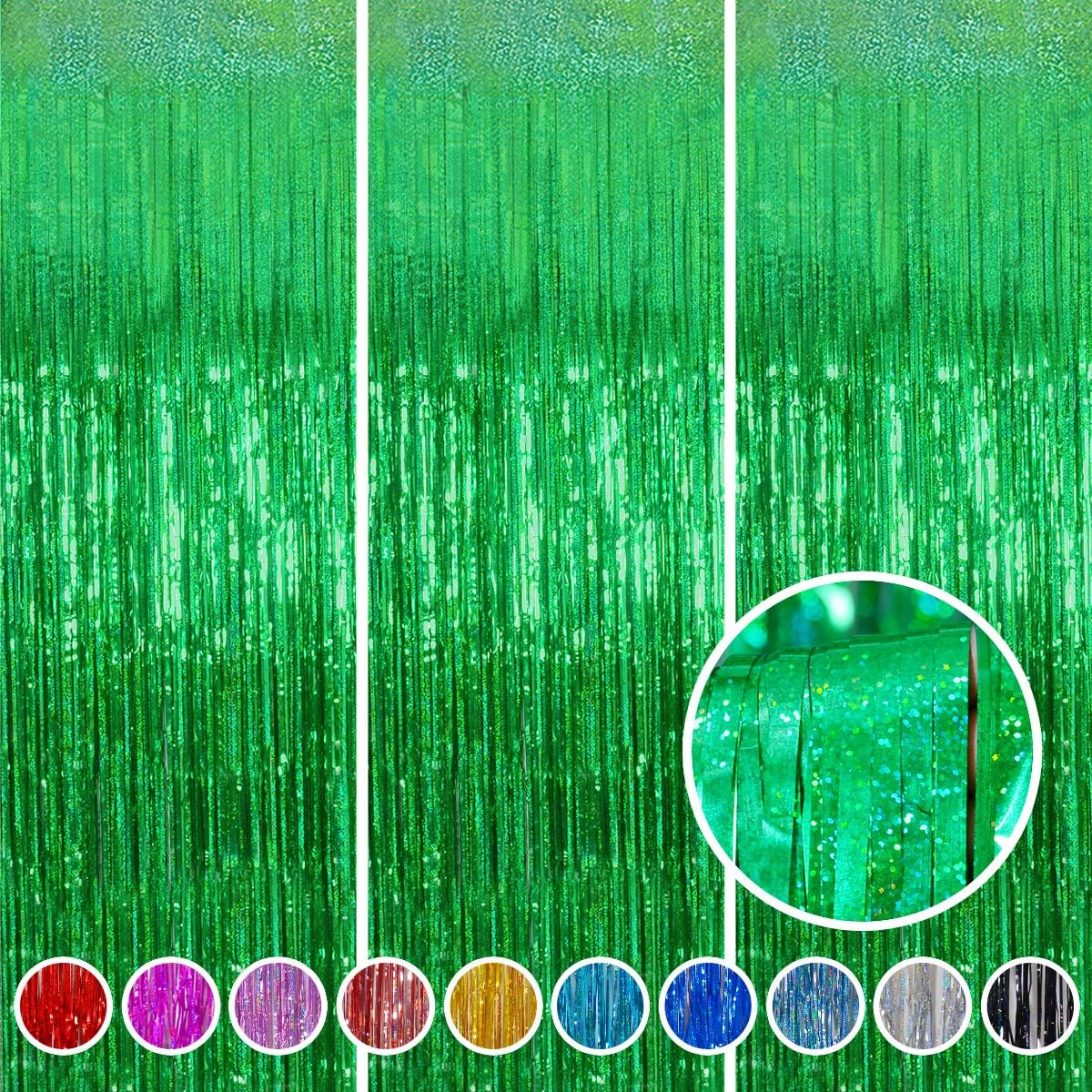 Foil Fringe Curtains April fool's Day Decorations - Melsan 3 Pack 3.2 x 8.2 ft Green Tinsel Curtain Party Photo Backdrop for Birthday Party Baby Shower or Graduation Decorations