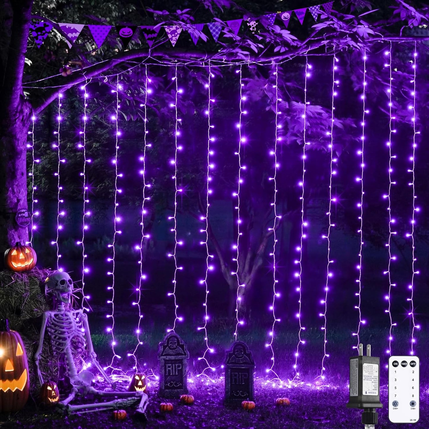 JMEXSUSS 300LED Purple Halloween Lights with Remote, Curtain Hanging Light Plug in, 8 Modes Purple String Lights for Bedroom Window Wall Party Backdrop Christmas Halloween Decorations
