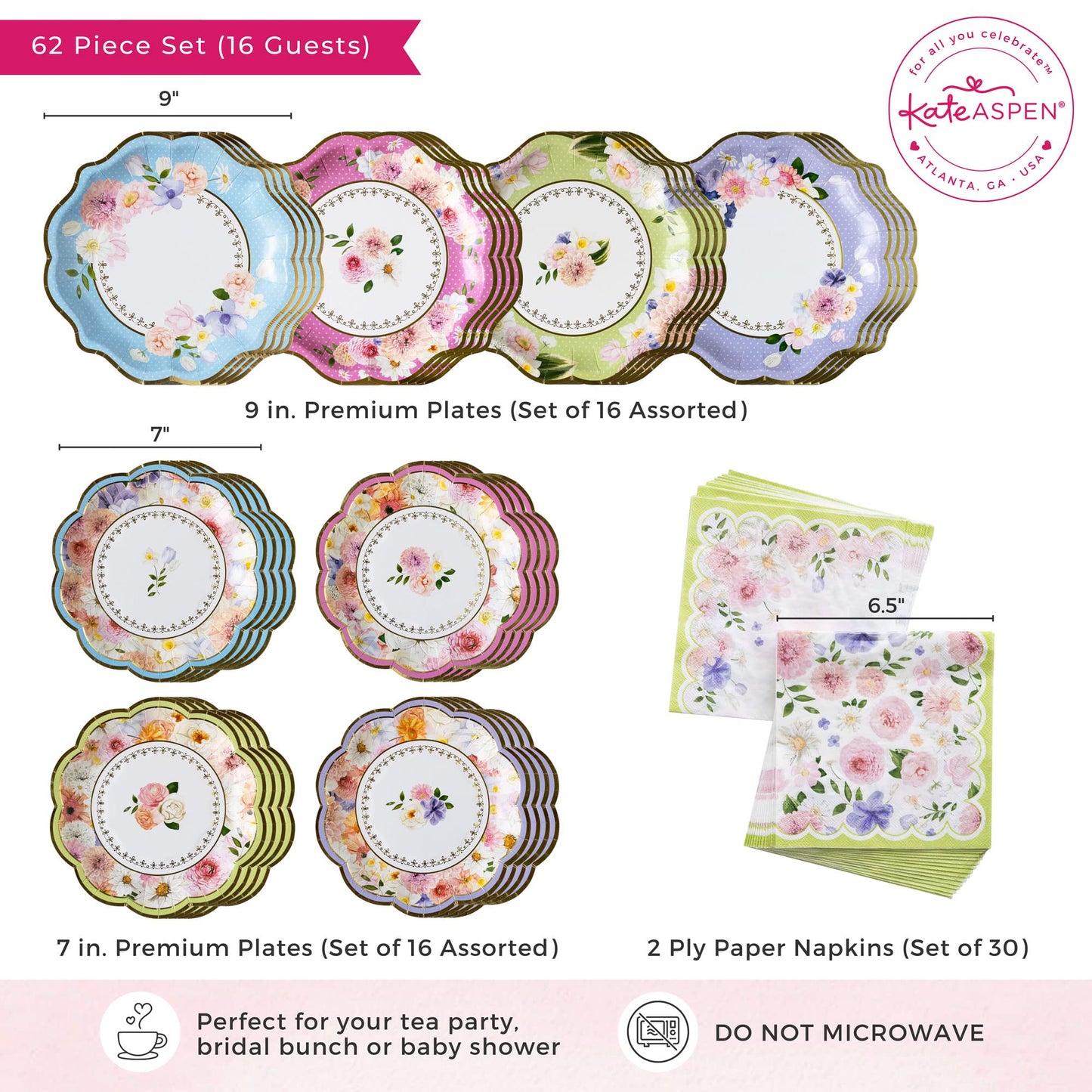 Kate Aspen Tea Party Decorations, Colorful Pastel Plates And Napkins Garden Party Supplies for