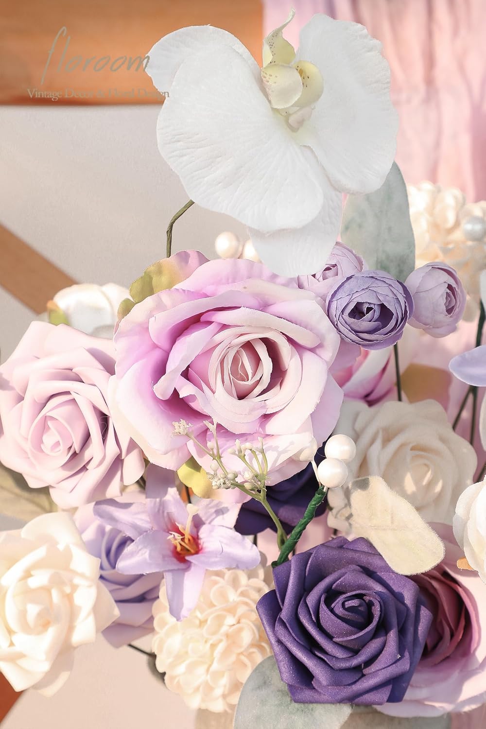 Floroom Lilac Lavender Purple Cream Artificial Flowers Fake Roses Dahlias and Greenery Combo Box Set for DIY Wedding Bouquets Bridal Shower Centerpieces Floral Arrangements Party Tables Decorations